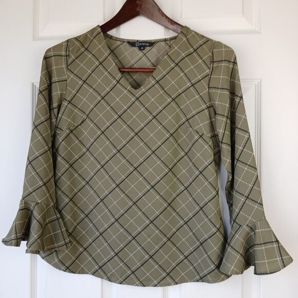 Annabelle Olive Plaid Print Blouse XS V-neck boho tunic 3/4 bell ruffle sleeve - Picture 1 of 11